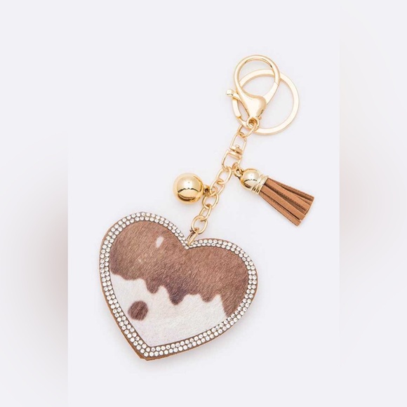 Cow Print Rhinestone Heart Keychain - Picture 1 of 1
